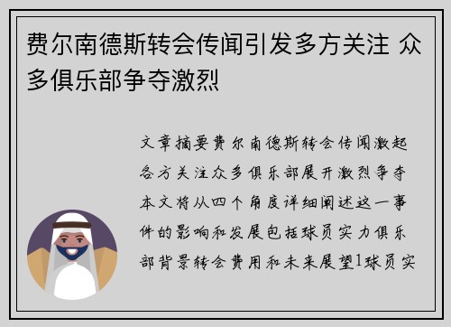 费尔南德斯转会传闻引发多方关注 众多俱乐部争夺激烈