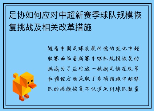 足协如何应对中超新赛季球队规模恢复挑战及相关改革措施 足协如何应对中超新赛季球队规模恢复挑战及相关改革措施