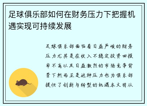 足球俱乐部如何在财务压力下把握机遇实现可持续发展 足球俱乐部如何在财务压力下把握机遇实现可持续发展