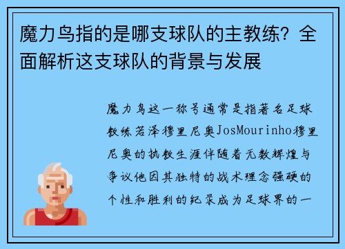 魔力鸟指的是哪支球队的主教练？全面解析这支球队的背景与发展